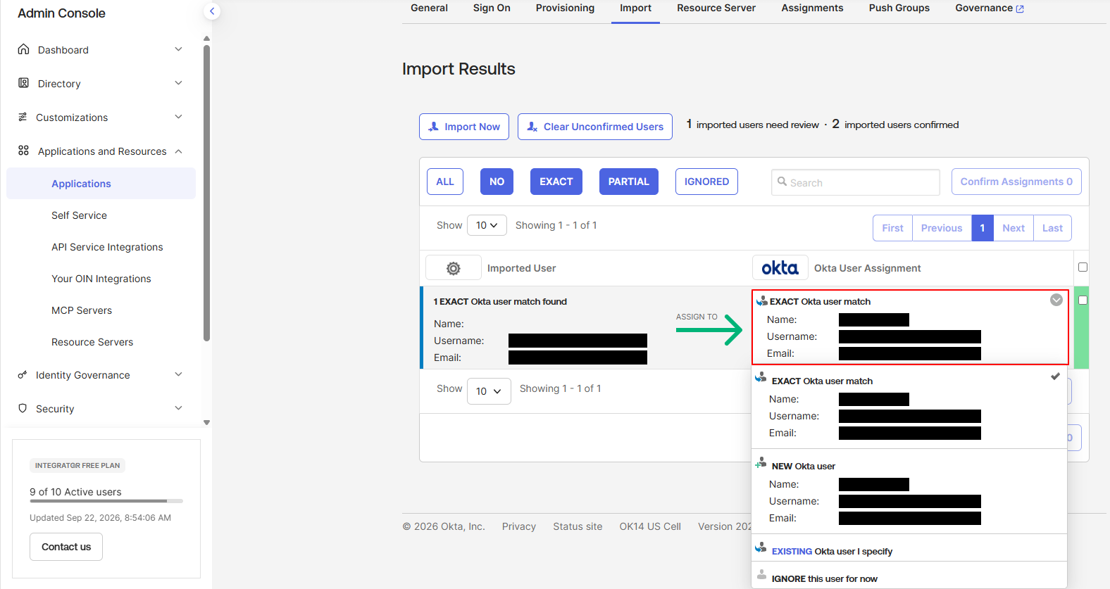 EXACT match 확인 화면 — Imported User의 Name은 공란, 드롭다운은 EXACT/NEW/EXISTING/IGNORE