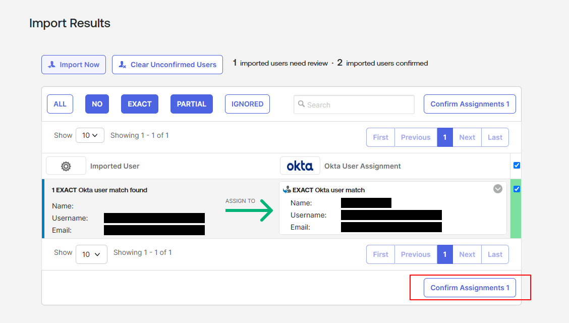 EXACT match 선택 후 Confirm Assignments 1