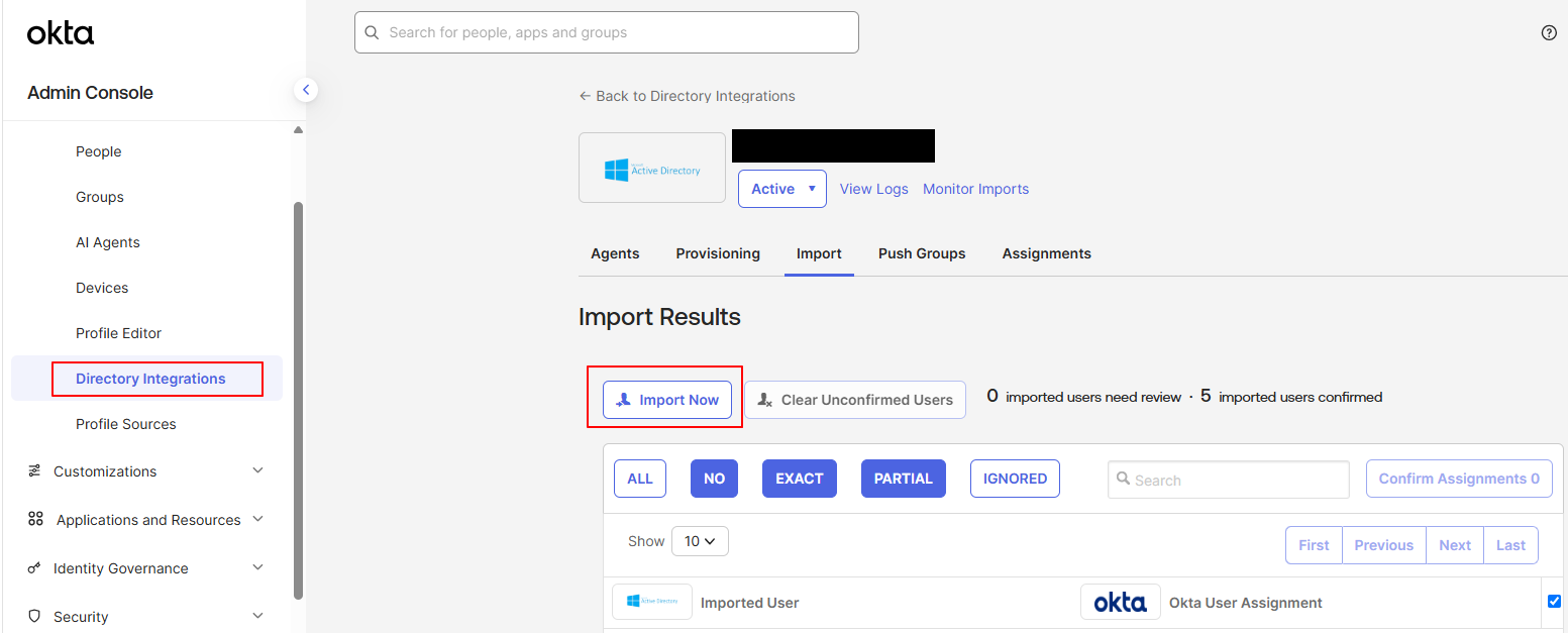 Directory Integrations — Import Now 실행