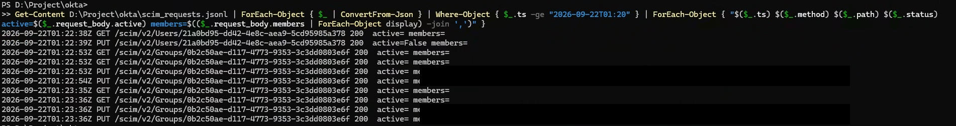 서버 로그 — Unassign 시 사용자 PUT active:false만, Push now 후 PUT members 2명(비활성 제외)