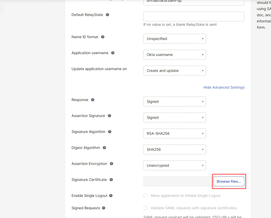Advanced Settings의 Signature Certificate 업로드