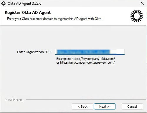 Register Okta AD Agent — Organization URL만 입력