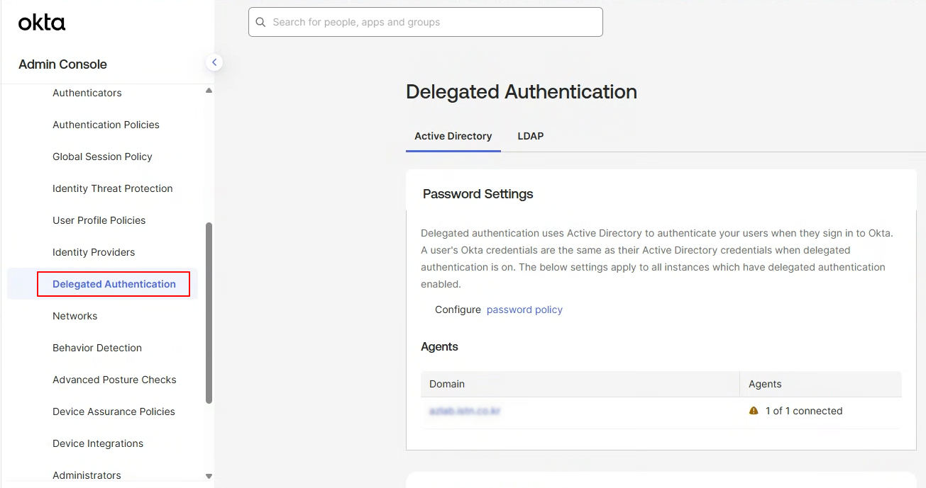 Delegated Authentication — Password Settings와 Agents 연결 상태