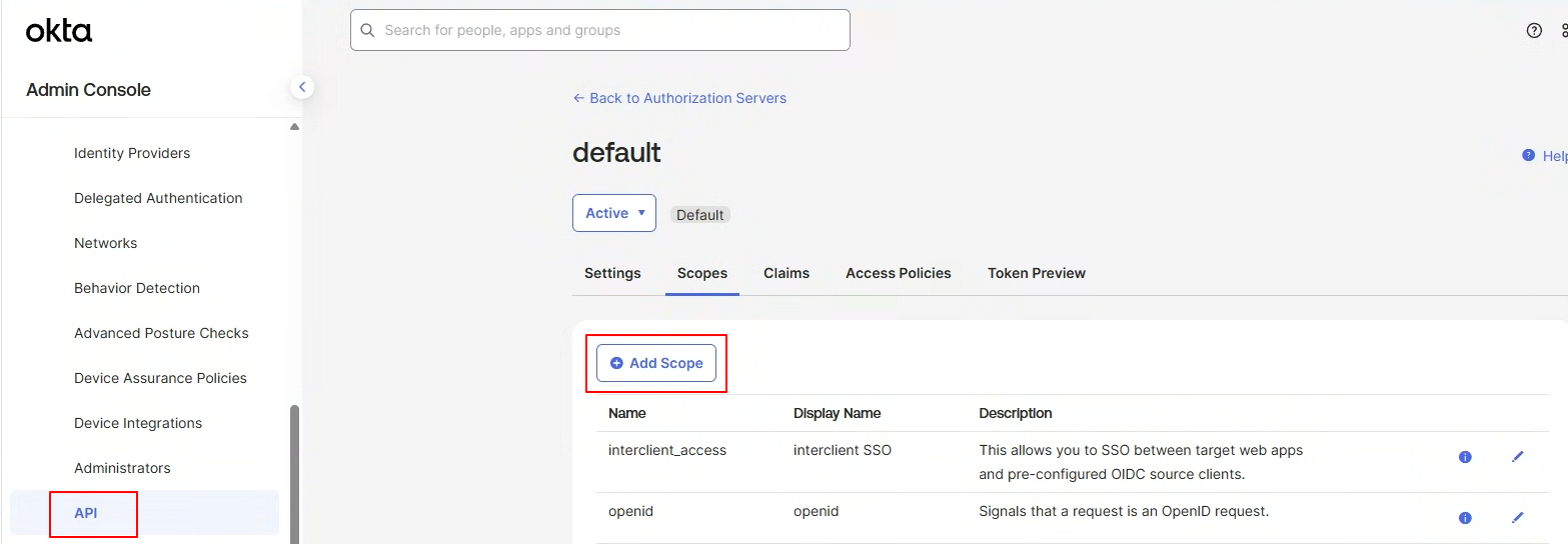 default Authorization Server의 Scopes 탭