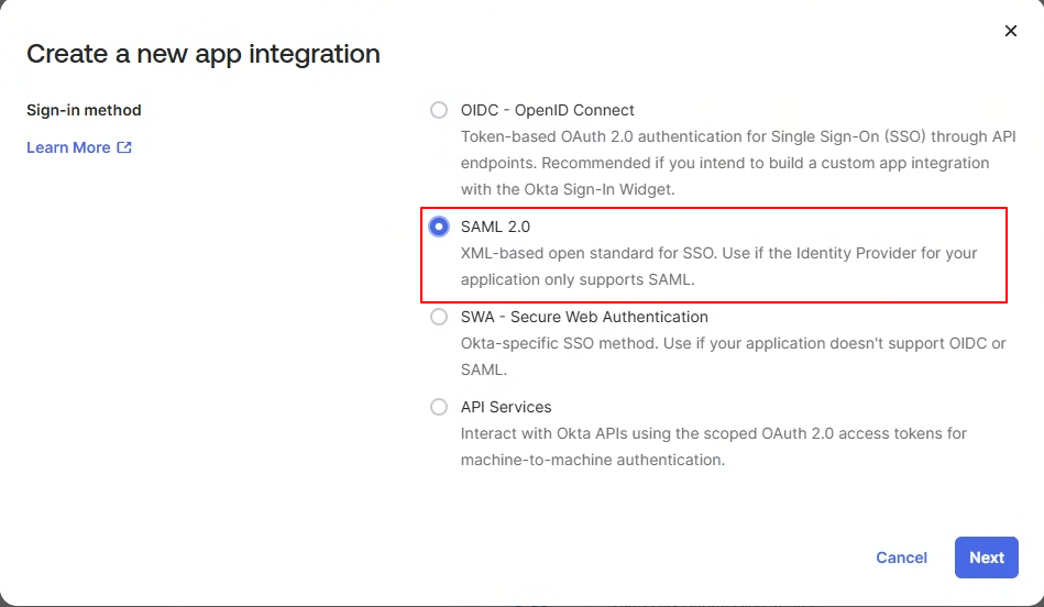 Sign-in method에서 SAML 2.0 선택