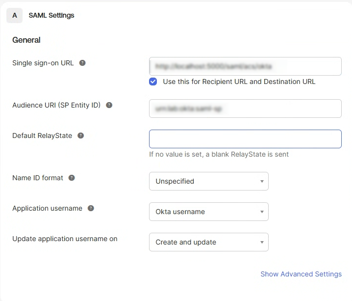 SAML Settings — ACS URL과 Audience URI