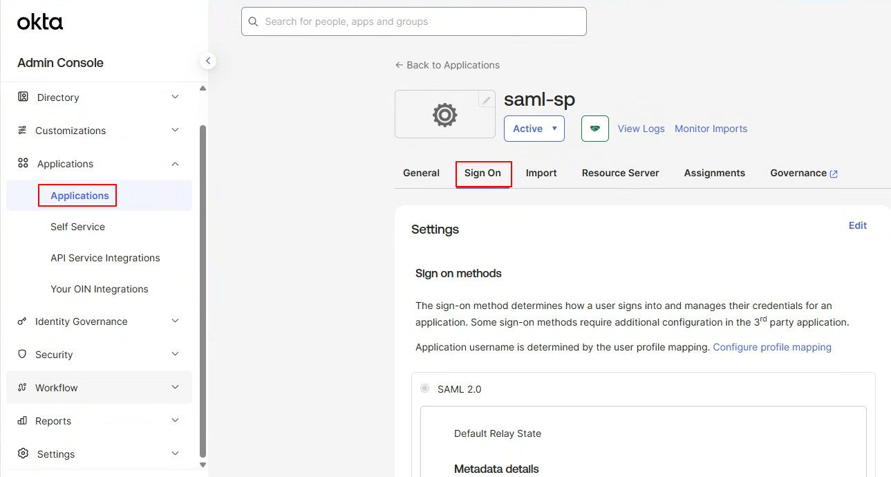 saml-sp의 Sign On 탭